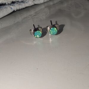 Silver Stud Earrings with Green Gem